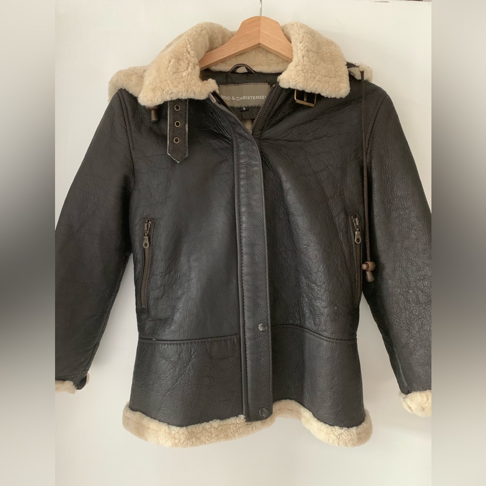 Brown sheep skin winter jacket with hoodie